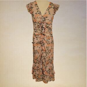 Forest Lily V-Neck Ruffle Floral Print Chiffon Midi Dress Coral Womens Size 6